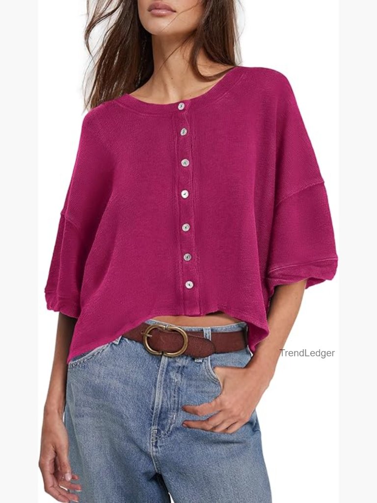 Cropped Short Sleeve Cardigan Button Up Lightweight Oversized Cardigan
